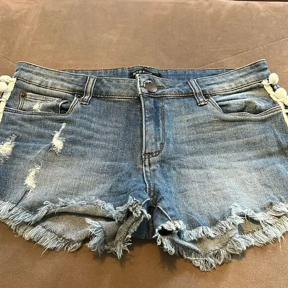 STS Blu Distressed Blue Jean Shorts with Pom-Pom Trim - Picture 9 of 12